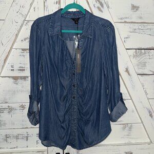 NEW Intro blue chambray Dark Wash preppy Ruched coastal button front top Large